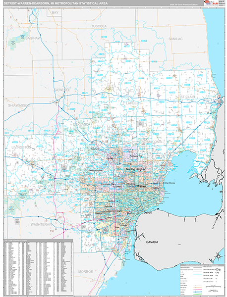 Detroit-Warren-Dearborn Metro Area Wall Map Premium Style